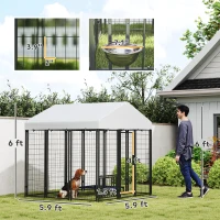 PawHut 5.9' x 5.9' x 6' Outdoor Dog Kennel with Roof, Rotating & 4-Level Adjustable Bowls(m-7)