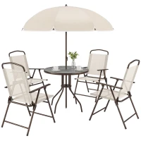 Outsunny 6 Piece Patio Dining Set for 4 with Umbrella, Outdoor Table and Chairs with 4 Folding Dining Chairs & Round Glass Table for Garden, Backyard and Poolside, Beige(m-11)
