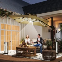 Outsunny 10ft. Solar LED Cantilever Umbrella, Offset Hanging Umbrella with 360°Rotation, Cross Base, 8 Ribs, Tilt and Crank for Yard, Khaki(m-10)