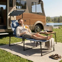 Outsunny Outdoor Lounge Chair, 4 Position Adjustable Backrest, Folding, Cushioned w/ Sun Shade Roof & Pillow, Gray(m-7)