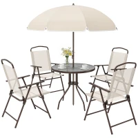 Outsunny 6 Piece Patio Dining Set for 4 with Umbrella, Outdoor Table and Chairs with 4 Folding Dining Chairs & Round Glass Table for Garden, Backyard and Poolside, Beige(m-1)