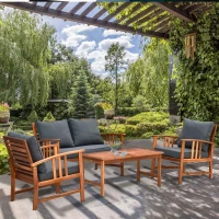 Outsunny 4 Piece Solid Acacia Wood Conversation Set Outdoor Patio Furniture Chat Set w/ Armchairs, Loveseat, Center Coffee Table & Cushions Teak/Gray(m-10)
