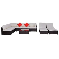 Outsunny 9 Piece Patio Furniture Sets, Wicker Sectional Sofa Sets Outdoor Rattan Conversation Sets with Tempered Glass Tabletop Tea Table and Two Loungers for Garden, Balcony, Backyard, Dark Coffee(m-11)