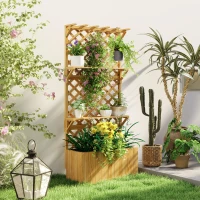 Outsunny Raised Garden Bed, Wooden Planter with Trellis, Hanging Roof, Plant Shelf, Drainage Holes and Bed Liner, Natural(m-10)