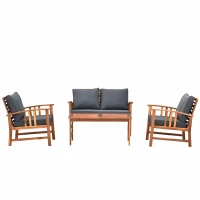 Outsunny 4 Piece Solid Acacia Wood Conversation Set Outdoor Patio Furniture Chat Set w/ Armchairs, Loveseat, Center Coffee Table & Cushions Teak/Gray(m-11)