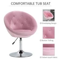 HOMCOM Modern Makeup Vanity Chair Round Tufted Swivel Accent Chair with Chrome Frame Height Adjustable, Pink(m-7)