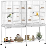 PawHut 64" Large Rolling Bird Cage Bird House with Detachable Rolling Stand, Storage Shelf, Wood Perch Food Container, White(m-9)