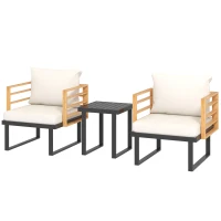 Outsunny 3 Piece Metal Bistro Set, Small Patio Furniture Set with Cushions, Armchairs, Slatted Table for Backyard Balcony, Beige(m-1)