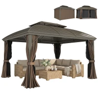 Outsunny 10' x 12' Hardtop Gazebo Canopy with Double Roof, Netting and Curtains for Garden, Backyard, Deck, Coffee(m-9)