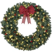 HOMCOM 48" Prelit Crestwood Spruce Artificial Christmas Wreath, Christmas Decor with Bow, 8 Modes, Red Berries, Pinecones(m-11)
