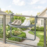 Outsunny Adjustable Balcony Hanging Railing Table, Metal Mounting Mini Wall Desk Storage Rack, Outdoor Flower Stand Serving Table Half Round, Grey(m-10)