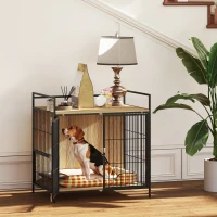 PawHut 30 Inch Dog Crate Furniture, Indoor Pet Kennel Side Table with Rotatable Bowls, 2 Doors, for M Dogs, Oak(m-10)