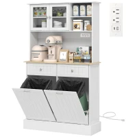 HOMCOM Kitchen Cabinet with Charging Station, 2 Tilt Out Cabinets, Microwave Stand, Freestanding Kitchen Pantry Cabinet, White(m-2)