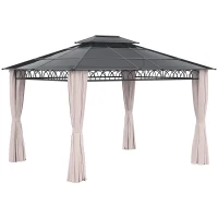 Outsunny 10' x 12' Outdoor Hardtop Gazebo Canopy w/ Double PC Roof, Steel Frame, Nettings, Curtains for Garden Lawn Deck, Khaki(m-9)