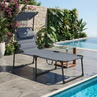 Outsunny Outdoor Lounge Chair, 4 Position Adjustable Backrest, Folding, Cushioned w/ Sun Shade Roof & Pillow, Gray(m-2)