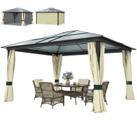Outsunny 12' x 14' Hardtop Gazebo Canopy with Polycarbonate Roof, Aluminum Frame, Netting and Curtains, Brown(m-11)