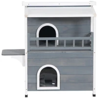 PawHut 2-Story Wooden Cat House Feral Cat Shelter with Transparent PVC Canopy, Balcony, Escape Door and Openable Weatherproof Roof for Outdoor, Grey(m-11)