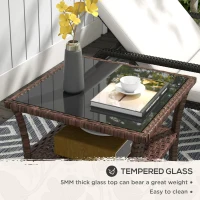 Outsunny Outdoor Wicker Coffee Table, Rattan Patio Furniture with 2-Tier Storage Shelf , Steel Frame Square, Side Table with Tempered Glass Top, Brown(m-6)