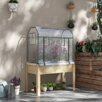 Outsunny Raised Garden Bed with Plastic Greenhouse Cover Outdoor Planter Box for Herbs and Vegetables, 45x24x65 inch Natural(m-10)