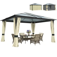 Outsunny 12' x 14' Hardtop Gazebo Canopy with Polycarbonate Roof, Aluminum Frame, Netting and Curtains, Brown(m-2)