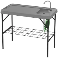 Outsunny Folding Fish Cleaning Table with Sink, Portable Camping Table with Faucet, Drainage Hose, Sprayer and Shelf, Gray(m-1)