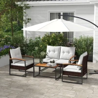 Outsunny 4 Piece Rattan Patio Furniture Set with Loveseat Sofa, Chair, Wood Coffee Table, Cushions for Outdoor, Backyard, White(m-2)