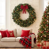 HOMCOM 48" Prelit Crestwood Spruce Artificial Christmas Wreath, Christmas Decor with Bow, 8 Modes, Red Berries, Pinecones(m-9)