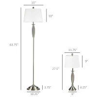 HOMCOM Boho Desk Lamp & Floor Lamps Set of 3, 3 Piece Lamp Set for Living Room, Bedroom, & More, Linen Lampshade, Steel Base, Silver(m-3)