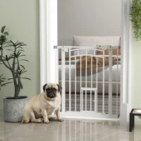 PawHut Auto-Close Pet Gate, Stair Gate with Cat Door, Double Locking for Doorways Hallways Stairs, Fits 29"-31.5" Wide, White(m-8)