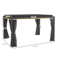 Outsunny 10' x 13' Outdoor Retractable Pergola w/ Sun Shade Aluminum Louvered Top, Pergola w/ Canopy, Curtains, Netting, Gray(m-3)