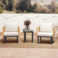 Outsunny 3 Piece Metal Bistro Set, Small Patio Furniture Set with Cushions, Armchairs, Slatted Table for Backyard Balcony, Beige(m-10)