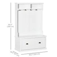 HOMCOM 64.5" H Hall Tree with Storage Drawer & Top Shelf, Coat Rack Wooden Entryway Storage Bench Hall Tree Hallway Clothes Bag Coat Rack 4 Hooks, White(m-3)