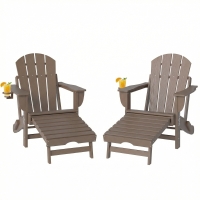 Outsunny Folding Adirondack Chair Set of 2, HDPE Fire Pit Chair with Retractable Ottoman and Cup Holder, Brown