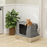 PawHut XL Stainless Steel Litter Box w/ 100° Flip Top, Scoop, Top & Side Entry Enclosed Litter Box for Big Cats(m-8)