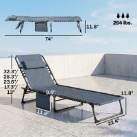 Outsunny Padded Folding Chaise Lounge Chair, Outdoor 6-Level Reclining Camping Tanning Chair with Headrest for Beach, Yard, Patio, Pool, Gray(m-3)