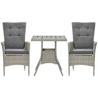 Outsunny 3 Piece Patio Bistro Set, PE Wicker Furniture Conversation Set w/ Tufted Cushion Reclining Chairs & Coffee Table, Gray(m-11)
