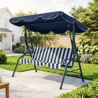 Outsunny Outdoor Porch Swing with Adjustable Canopy, 3-Seater Patio Swing Chair with Cushion, Blue(m-1)