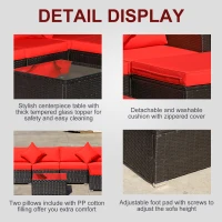 Outsunny 6 Piece Patio Furniture Set Outdoor Wicker Conversation Set All Weather PE Rattan Sectional Sofa Set with Ottoman, Cushions and Tempered Glass Table, Coffee and Red(m-5)