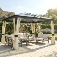 Outsunny 12' x 14' Hardtop Gazebo Canopy with Polycarbonate Roof, Aluminum Frame, Netting and Curtains, Brown(m-1)
