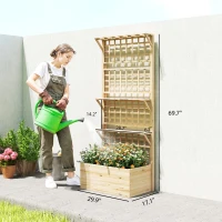 Outsunny Wooden Raised Garden Bed with Trellis and Roof, Elevated Planter Box with 2 Shelves, Drainage Hole and Liner, Natural(m-3)