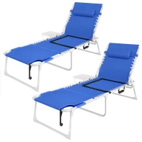 Outsunny Tanning Chair Set of 2 with Face Hole and Side Table, 5-Position Folding Outdoor Chaise Lounge Chair, Navy Blue(m-1)