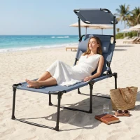 Outsunny Outdoor Lounge Chair, 4 Position Adjustable Backrest, Folding, Cushioned w/ Sun Shade Roof & Pillow, Gray(m-8)