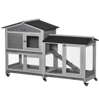 PawHut 62" Wooden Rabbit Hutch with Wheels, Run Box, Tray, Ramp for Small Animals, Guinea Pig, Indoor Outdoor Use, Light Grey(m-9)
