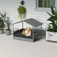 PawHut Wicker Dog House Outdoor with Canopy, Rattan Dog Bed with Water-resistant Cushion, Raised Pet Bed for Small, Medium Breeds up to 66 lbs, 20" in Length, Silver Wicker, Gray Cushion(m-10)