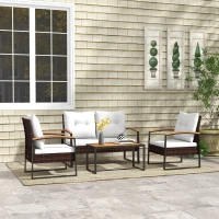 Outsunny 4 Piece Rattan Patio Furniture Set with Loveseat Sofa, Chair, Wood Coffee Table, Cushions for Outdoor, Backyard, White(m-10)