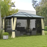 Outsunny 12' x 14' Hardtop Gazebo Canopy with Polycarbonate Roof, Aluminum Frame, Netting and Curtains, Brown(m-10)