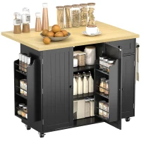 HOMCOM Kitchen Island Cart, Rolling Kitchen Island Table with Drop Leaf, Drawer, Spice and Towel Rack, Black(m-9)