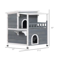 PawHut 2-Story Wooden Cat House Feral Cat Shelter with Transparent PVC Canopy, Balcony, Escape Door and Openable Weatherproof Roof for Outdoor, Grey(m-3)