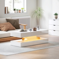 HOMCOM Coffee Table with Adjustable LED Lights, Modern Living Room Table with 2 Drawers, Open Shelf, Remote, High Gloss White