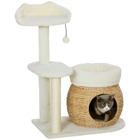 PawHut 31" Cat Tree Tower with Scratching Posts, Cat Condo, Beds, Platform and Toy Ball for Indoor Cats, Cream White(m-11)